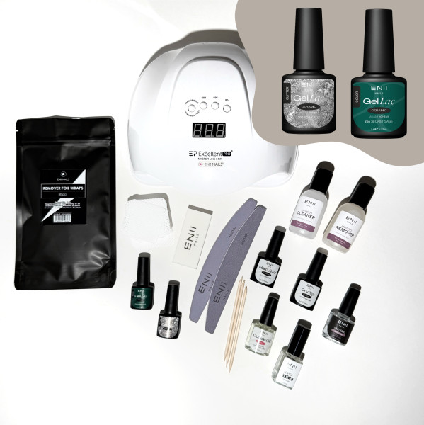 ENII Gel Lak Sada AMAZING s lampou 54W - Zelená a Stříbrná Glitter