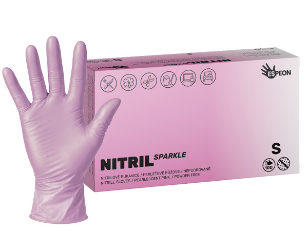 NITRIL SPARKLE - nitrilové rukavice, perleťově růžové, nepudrované, 100 ks (S)